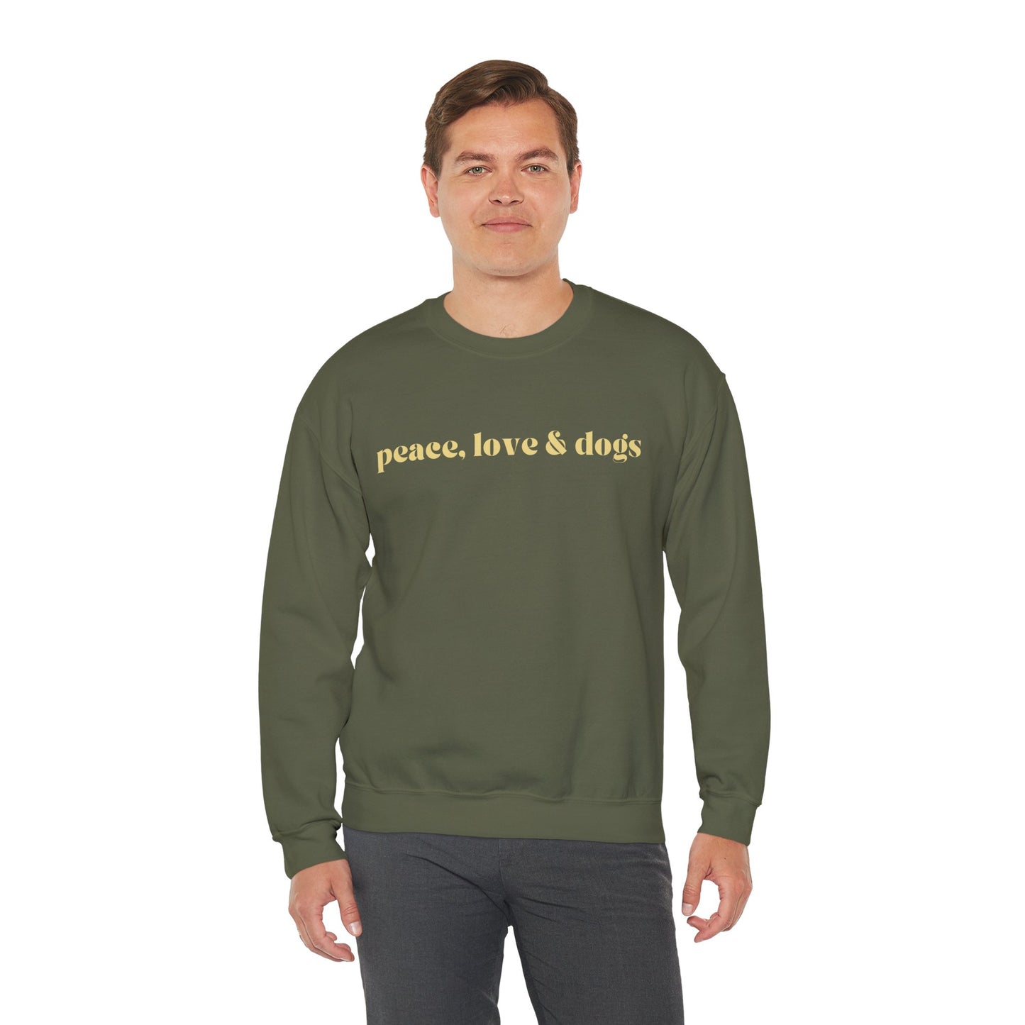 PEACE LOVE & DOGS SWEATSHIRT OLIVE AND CREAM