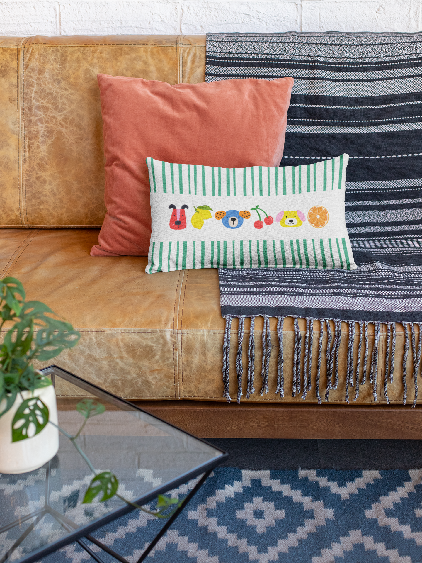 Whimsical Animal Lumbar Pillow with Fruits - Cute Home Decor